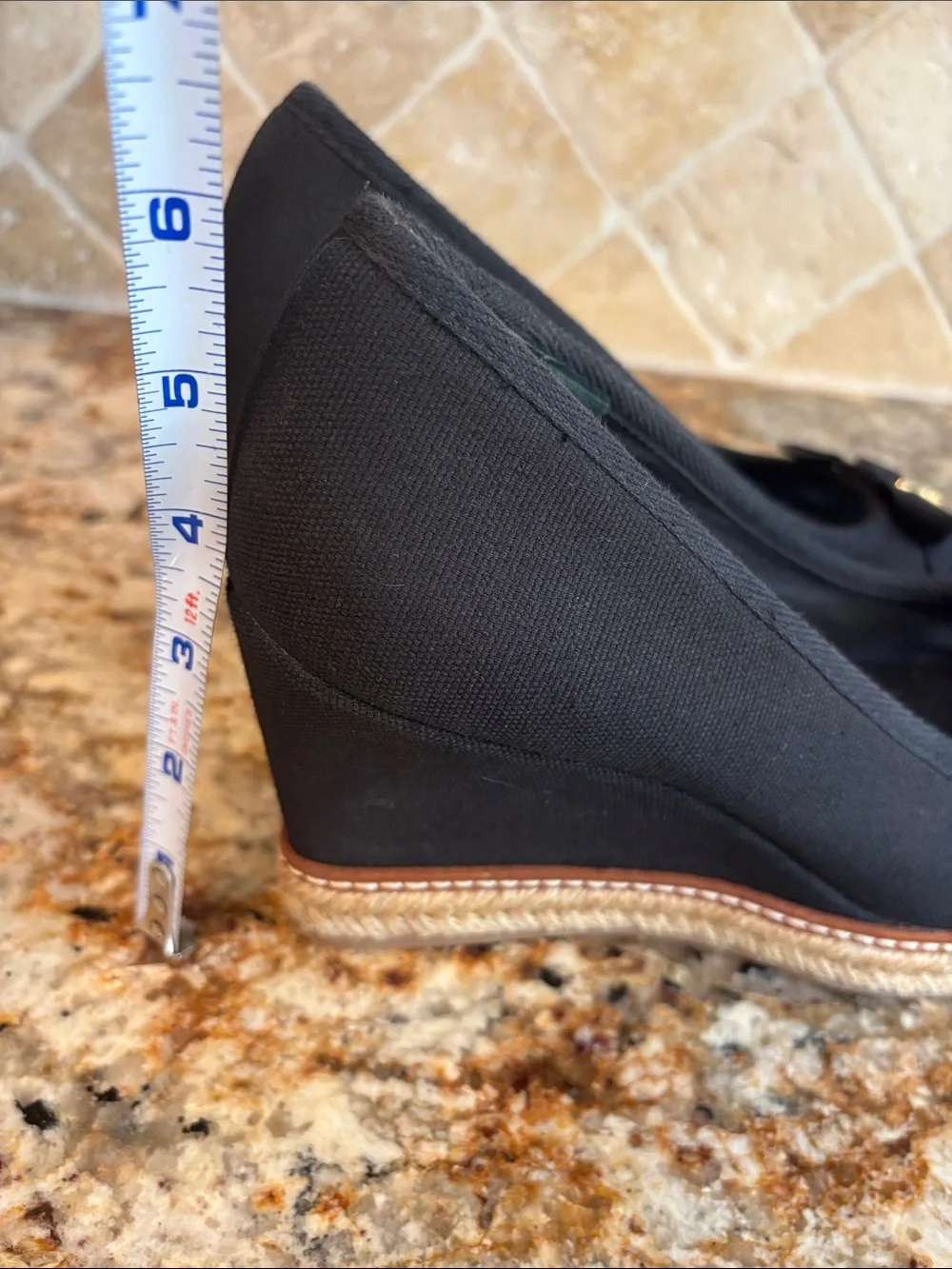 Tory Burch Black Espadrille Wedge Peep-Toe Pumps with Gold Logo